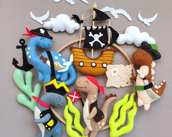 Dino Pirates Baby Mobile: Felt Dinosaur, Pirate Ship Nursery Decor
