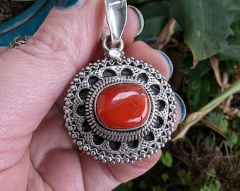 Vintage Tibetan Coral & Sterling Silver decorative pendant