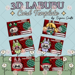 Modèle de carte de Noël à gratter 3D Puff Labubu Père Noël Père Noël | Copie numérique | Téléchargement numérique