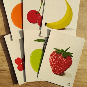 Fruits - Ensemble de 6 cartes postales décoratives imprimées sur du papier recyclés.