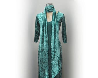 Vestido de terciopelo con faja obi ancha, manga 3/4, midi, ajustado, escote en V, escote en V, talla pequeña, mediana, grande, XL, colores y tallas surtidos