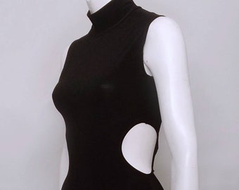 Black Cut Out Mock Neck Turtleneck Mini Dress with Assymetric hem High neck 60s GOGO minimalism #blackrabbitnyc