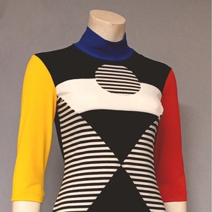 60s Space Age Mod Colorblock Mini dress Op art Mid Century Atomic psychedelic vintage style knitwear Black White Stripes Tri color 3/4 sleeve