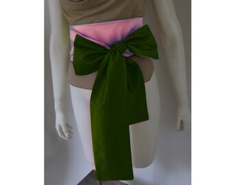 Silk Bridal Sash, Wedding belt, PINK and Hunter GREEN, reversible 2 color Silk Obi Split Tone, Waist Bow, Obi Sash, 100% Silk Charmeuse Wrap