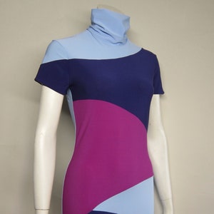 Assymetrical 90s ColorBlock Bodycon Mini Dress/60s Mod Style/Space Age vintage retro, gogo Turtleneck petite tall sizing