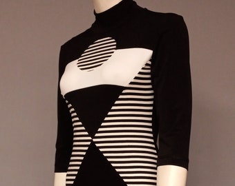 60s Space Age Mod Colorblock Mini dress Op art Mid Century Atomic psychedelic vintage style knitwear Black White Stripes