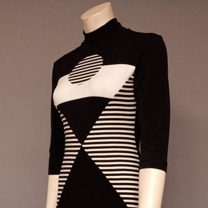 60s Space Age Mod Colorblock Mini dress Op art Mid Century Atomic psychedelic vintage style knitwear Black White Stripes Blk & Wht 3/4 sleeve