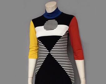 80s New Wave Primary colors 60s Mod Y2K retro Minidress op art psychedelic Bauhaus cut out vintage black white stripe colorblock space age