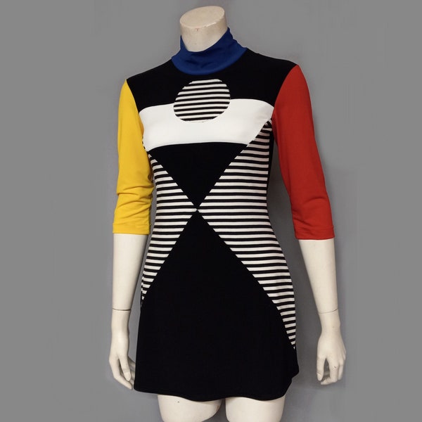 80s New Wave Primary colors 60s Mod Y2K retro Minidress op art psychedelic Bauhaus cut out vintage black white stripe colorblock space age