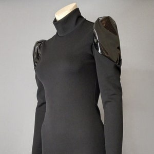 Black puff sleeve Mini dress, long sleeve shift, mock neck Blackrabbitnyc Made to measure, Stretchy Knit Bodycon XS-XL color block image 1