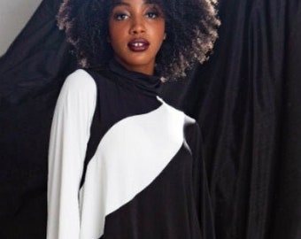 Vestidos blancos y negros para mujer, manga larga, punto, estilo años 60, unisex, cuello alto simulado, bicolor, minimalista, minitúnica, estilo go-go, acampanada.