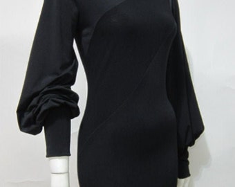Black Dress with Long Sleeves, Mini Dress, LBD, Minimalist, Space Age, Futuristic, Gogo Dress, Turtleneck Dress, Streetwear, Puff Sleeve