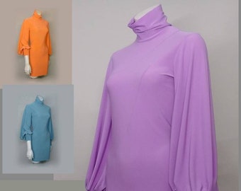 Orange Bishop sleeve, Mini dress Pastel Pink, 60s Mod Style, Purple, Orange, Minimalism Space Age, Futuristic, Go go turtleneck