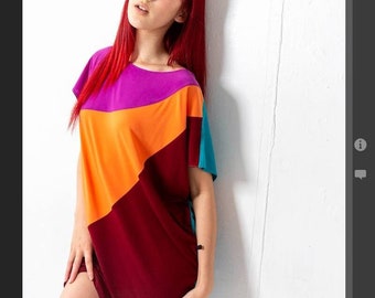 Graphic Oversized T Shirt Dress Women's Tri-Color Cover Up Dress Colorblock, Neons avail Y2K 90s Cover up Mini Dress with optional tie sash