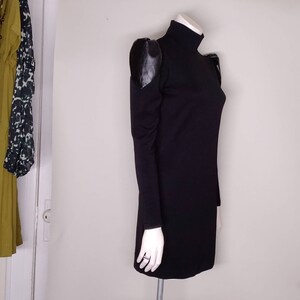Black puff sleeve Mini dress, long sleeve shift, mock neck Blackrabbitnyc Made to measure, Stretchy Knit Bodycon XS-XL color block image 4