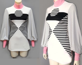 Pink New Wave Turtleneck Minidress Puffy Cuff Bishop Sleeve Y2K Retro Op Art custom Pastel Black White vintage stripes colorblock space age