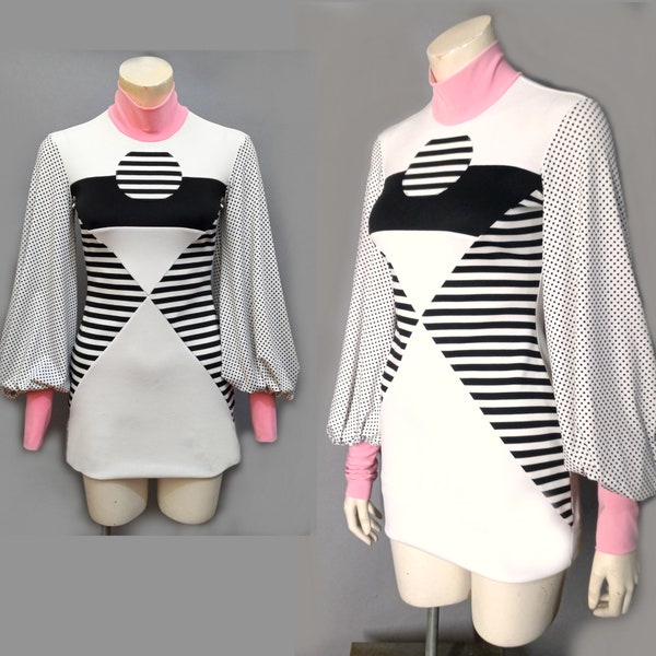 Pink New Wave Turtleneck Minidress Puffy Cuff Bishop Sleeve Y2K Retro Op Art custom Pastel Black White vintage stripes colorblock space age