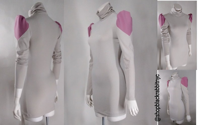 Black puff sleeve Mini dress, long sleeve shift, mock neck Blackrabbitnyc Made to measure, Stretchy Knit Bodycon XS-XL color block image 2