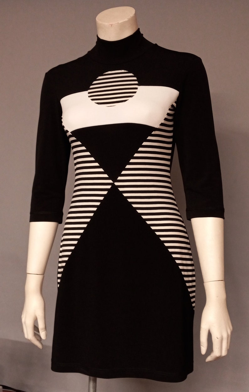 60s Space Age Mod Colorblock Mini dress Op art Mid Century Atomic psychedelic vintage style knitwear Black White Stripes image 6