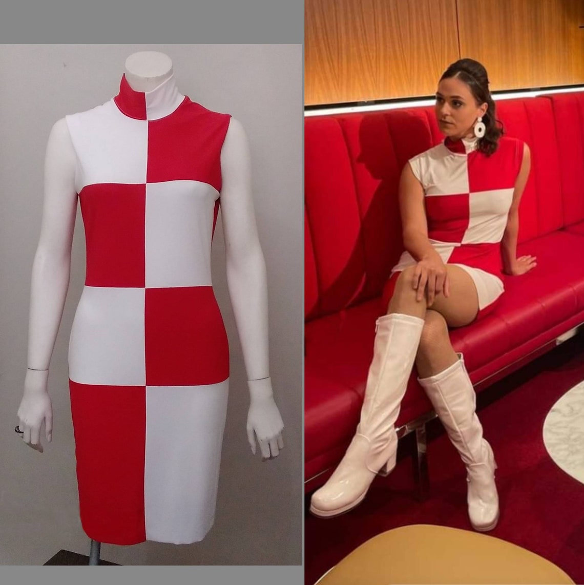 Vintage Style Dresses | Vintage Inspired Dresses     60s Mod Chessboard Checkered Go Go Dress 60s dress Mini dress xs-xl ColorBlock Chess Turtleneck Shift Patchwork London Red White  AT vintagedancer.com