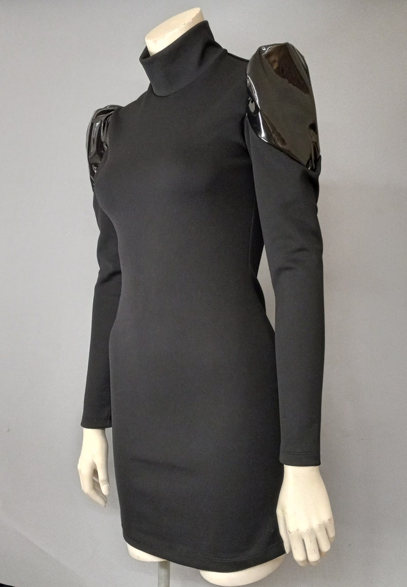 Black puff sleeve Mini dress, long sleeve shift, mock neck Blackrabbitnyc Made to measure, Stretchy Knit Bodycon XS-XL color block image 1