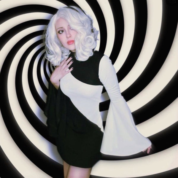 Psychedelic Op Art 60s Mod Squad Black and White Retro Go Go-Go, Two Tone Mini Dress, Minimalist, disco studio 54 party Long Bell Sleeves