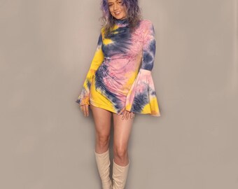 Retro Hippie 70s go go Tie dye "Far Out" 60s mockneck Mini Dress with Long Bell Sleeves vintage 90s rave festival boho SALE