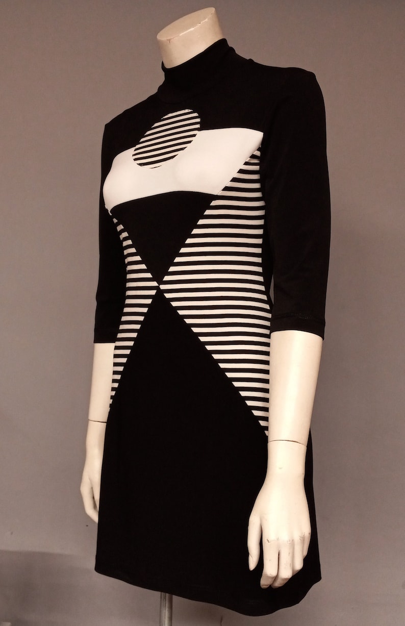 60s Space Age Mod Colorblock Mini dress Op art Mid Century Atomic psychedelic vintage style knitwear Black White Stripes Blk & Wht 3/4 sleeve
