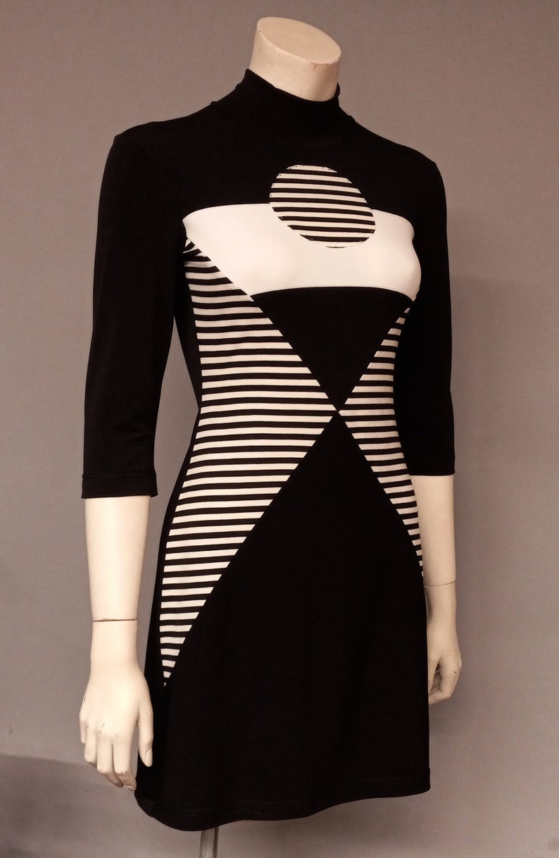 60s Space Age Mod Colorblock Mini dress Op art Mid Century Atomic psychedelic vintage style knitwear Black White Stripes image 7