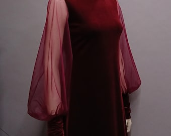 Vestido de terciopelo de los años 60, mod., mangas de obispo, vestidos de día de los años 60, minivestido de la era espacial, de inspiración retro vintage, ilusión, cuello alto transparente, tallas XS-XL, petite y alta.
