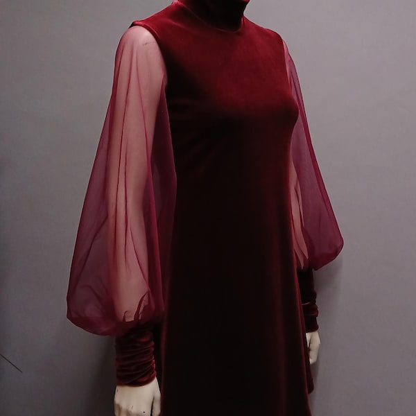 60s Velvet Dress, Mod, Bishop Sleeves 1960's Day Dresses Mini Space Age,vintage retro inspired, illusion Sheer Turtleneck XS-XL petite tall