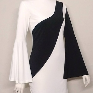 Womens Mini Dress Pink or Black and White Mod Retro Go Go-Go, Two Tone , Minimalist, 60s early 70s party dresses w Long Bell Sleeves