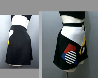 80s High-waisted Geometric Funky Go-Go handmade wearable Art Mini Skirt Bauhaus Stretch Knit A LINE tall petite Black micro hipster