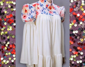 Vestido mini de terciopelo de los años 60, túnica con mangas acampanadas, color marfil, floral, años 70, Julieta, real, medieval, terciopelo, bohemio, años 90, babydoll, psicodélico, renacentista