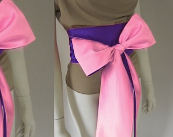 Cinturón de boda con lazo de seda azul y verde esmeralda, faja extra larga, tono dividido, cinturón con lazo, faja obi, envoltura charmeuse 100 % seda