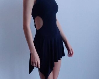 Asymmetric Boho Chic Black Cut Out Festival Turtleneck Mini Dress mock neck 70s 90s GOGO minimalistic #blackrabbitnyc