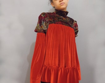 70s Juliet Romantic Velvet Bohemian Mini Babydoll 90s Puff Balloon Yoke Front Pullover Volume Mock high neck Long Bell Sleeves Renaissance