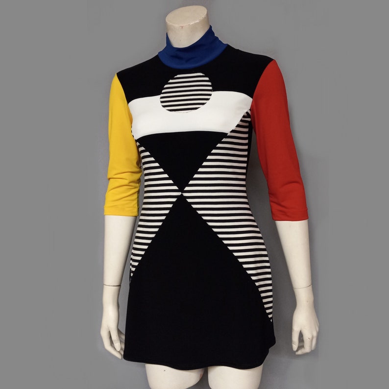 60s Space Age Mod Colorblock Mini dress Op art Mid Century Atomic psychedelic vintage style knitwear Black White Stripes image 4