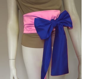 Faja de boda de arco nupcial Colores variados ROYAL BLUE y PINK Cinturón de envoltura Obi de seda de dos colores, tono dividido, 100% seda Charmeuse Wrap Belt Silk