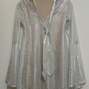 May include: A silver sequined dress with long sleeves and a bell-shaped hem. The dress has a tie at the neck and a nude slip underneath.