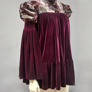 Velvet Babydoll Mini Dress: Medieval Bell Sleeves, Paisley Print, Boho Renaissance Style