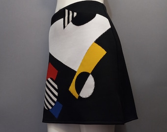 80s Retro Miniskirt Geometric Graphic go-go Art to wear Bauhaus Primary colors Stretch Knit A LINE Designer Custom Black Micro tall petite