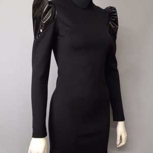 Black puff sleeve Mini dress, long sleeve shift, mock neck Blackrabbitnyc Made to measure, Stretchy Knit Bodycon XS-XL color block image 9