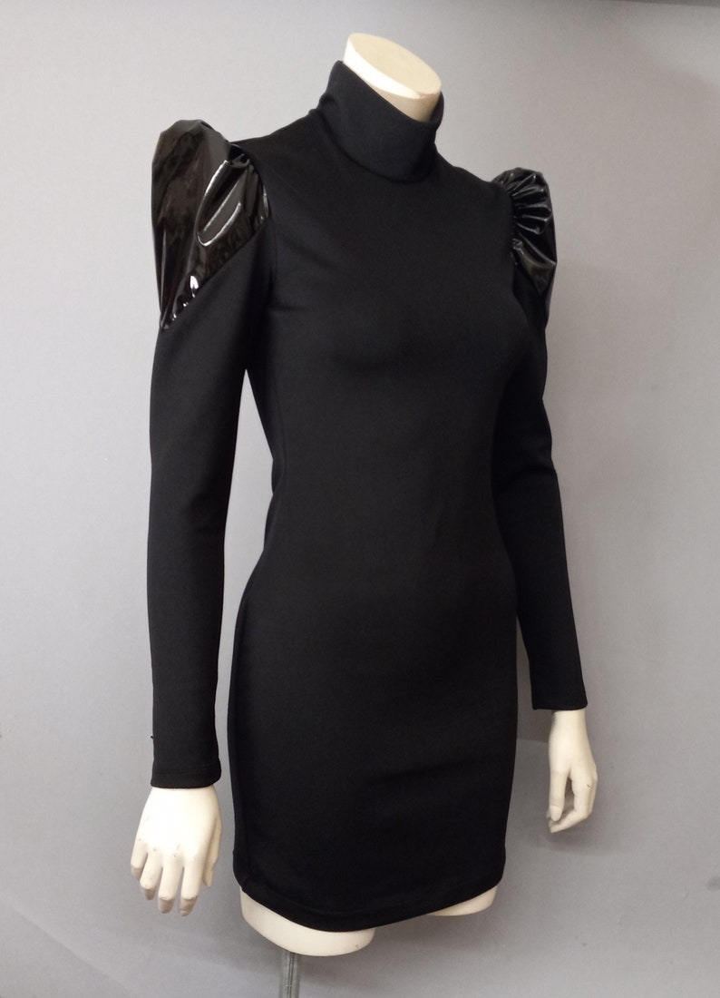 Black puff sleeve Mini dress, long sleeve shift, mock neck Blackrabbitnyc Made to measure, Stretchy Knit Bodycon XS-XL color block image 9