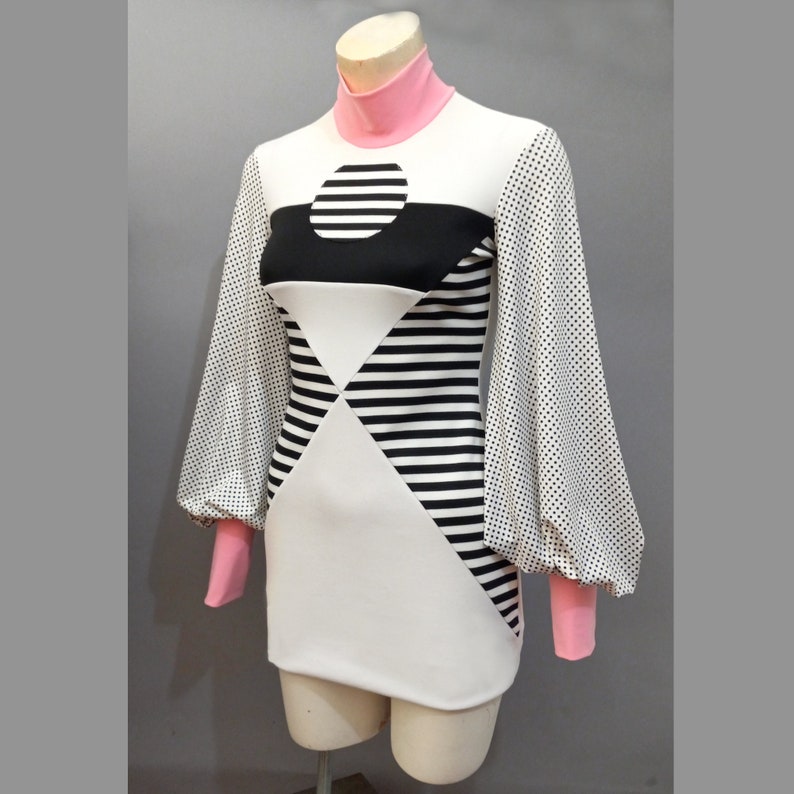 60s Space Age Mod Colorblock Mini dress Op art Mid Century Atomic psychedelic vintage style knitwear Black White Stripes image 10
