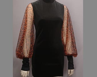 Vestido de los años 60, minivestido de terciopelo estilo mod con estampado animal de leopardo y guepardo, mangas obispo, estilo era espacial, vintage, rockabilly, gótico, con cuello alto ilusión, tallas XS-XL