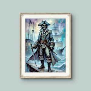 May include: A framed print of a skeletal pirate in a blue coat and tricorn hat, holding a sword. The artwork depicts a stormy sea with ships in the background. The pirate stands on a wooden dock, with lightning flashing in the sky.