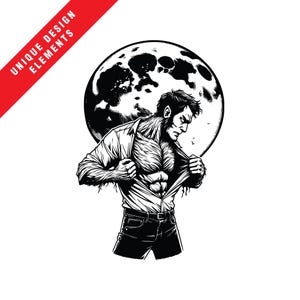 Puede incluir: Ilustración en blanco y negro de un hombre rasgándose la camisa para revelar un pecho musculoso y peludo. El hombre está de pie frente a una luna llena.