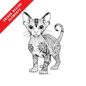 ¡Gato sin pelo nervioso con tatuajes, paquete gráfico, EPS, SVG, PNG, ilustración vectorial original, descarga digital instantánea, paquete de imágenes prediseñadas único!
