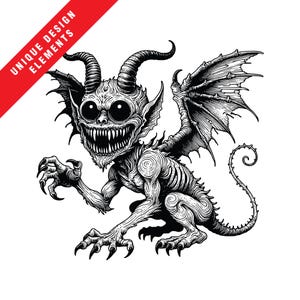 May include: A black and white illustration of a demonic creature with large eyes, sharp teeth, horns, and wings. The creature is in a crouching position with clawed hands and feet. The text "UNIQUE DESIGN ELEMENTS" is in a red banner in the upper left corner.